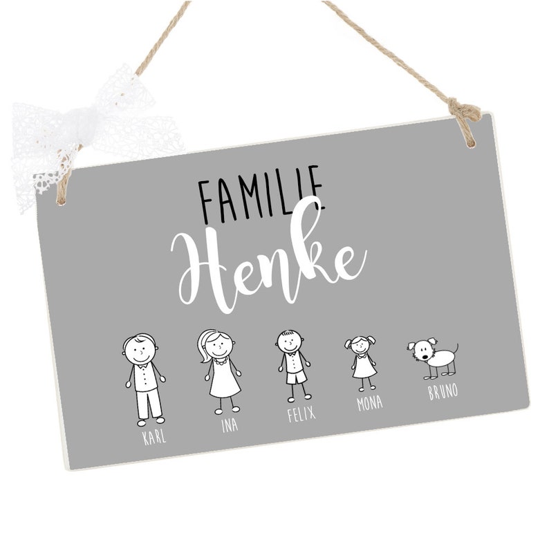 personalized nameplate name tag family in gray Weiße Schleife