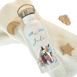 Personalisierte Trinkflasche Pony Name Mädchen Kind Kita Schule Flasche Pferd Einschulung Geburtstag Sport Edelstahl Bambus Geschenk 500ml