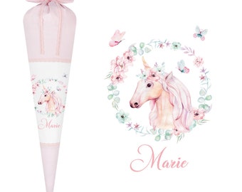 Schultüte Einhorn für Mädchen mit Name in Rosa, Zuckertüte aus Stoff zur Einschulung, Geschenk fürs Schulkind, mit Papprohling und Kissen