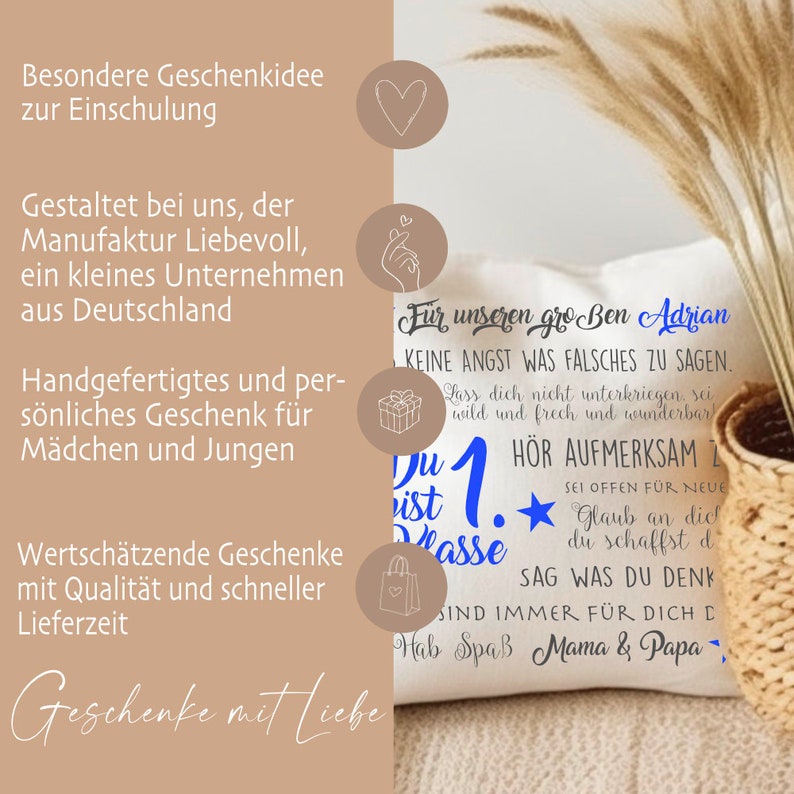 Einschulung Geschenk Kissen Personalisiert Einschulung Mädchen Junge Schulanfang Schulkind Schulstart Rosa und Blau Manufaktur Liebevoll Bild 4