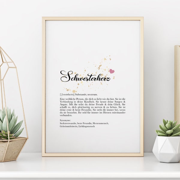 Poster Geschenk Schwester | Definition Schwesterherz Persönlich | 9 Motive zur Auswahl | DIN A4