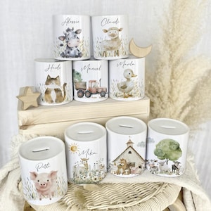 Personalisierte Kinder Spardose Namen Geschenk Geburt Taufe Taufgeschenk Baby Bauernhof Geldgeschenk Sparbüchse Keramik Manufaktur Liebevoll