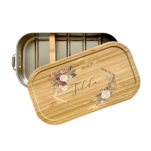 Manufactory Loving | Floral lunch box with flowers | Personalized Name Stainless Steel | Lunch box for women I bamboo lid | Boho floral wreath