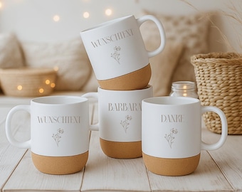 Personalized mug with custom text – Personalized mug with floral design – Gift for friends or family – Thank you – Modern minimalist cork mug