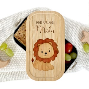 Personalisierte Lunchbox Löwe Brotzeitbox Löwe Brotdose mit Fächern Löwe Butterbrotdose Kinder Metall Bambus 3 Fächer Manufaktur Liebevoll