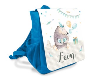 Kindergartenrucksack für Kinder in Blau mit dem Namen des Kindes und Tiermotiv