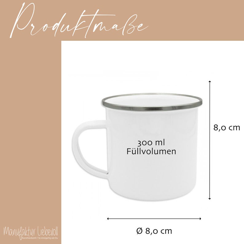 Puede incluir: Taza de esmalte blanco con borde plateado y una etiqueta de texto negro que dice "300 ml F&uuml;llvolumen". La taza mide 8 cm de alto y 8 cm de di&aacute;metro.