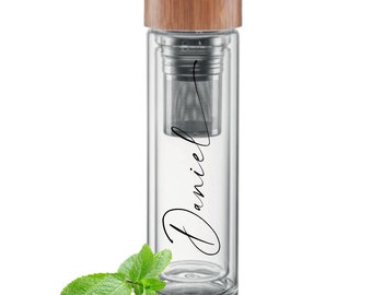 Personalized glass water bottle with name as a personal gift I thermos bottle I strainer I hot and cold drinks I bamboo lid