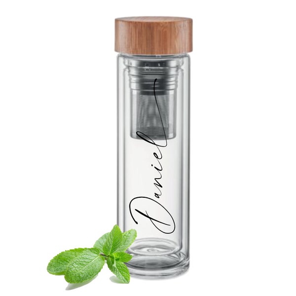 Personalisierte Glas Wasserflasche mit Namen als persönliches Geschenk I Thermosflasche I Sieb I warme u. kalte Getränke I Bambusdeckel