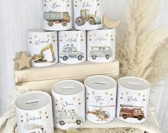 Gepersonaliseerde kinderspaarpot met voertuignaam, cadeau voor geboorte, baby, doop, doopcadeau, geldcadeau, keramiek, liefdevol handgemaakt