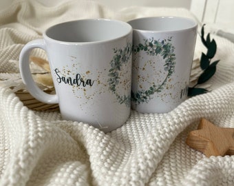 Set de tasses avec le nom souhaité | Tasse de couple personnalisée dans un ensemble | Tasses en céramique avec coeur | eucalyptus