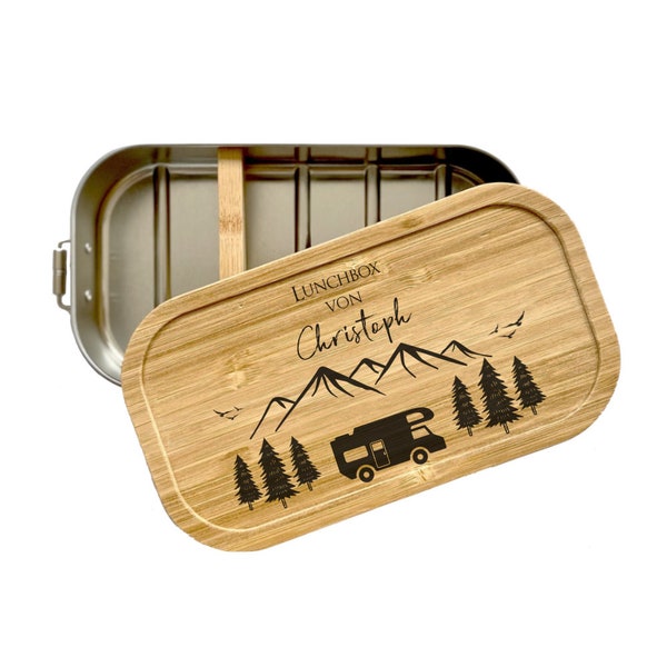 Manufactory Loving | Lunch box with mountain panorama | Personalized Name | Lunchbox camping companion | Bamboo lid men women