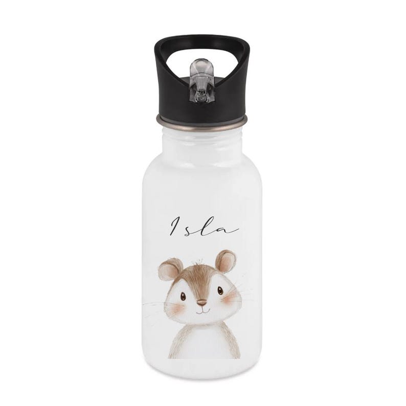 May include: White water bottle with a black lid and a cartoon illustration of a cute mouse. The name "Isla" is written in cursive above the mouse. The bottle is designed for kids.
