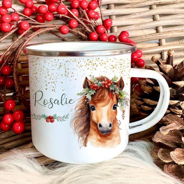 Mug Christmas Mug Children Girls Personalized Christmas Santa Claus Gift Christmas Gifts Children's Mug Enamel Mug Pony Horse