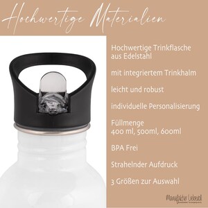 May include: White stainless steel water bottle with a black lid and a built-in straw. The bottle is available in three sizes: 14 oz, 17 oz, and 20 oz. It is BPA free and features a personalized design.