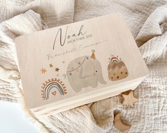 Erinnerungskiste Personalisiert Baby Kind Schatzkiste Holz Elefant Geschenk Name Geburtsdatum Spruch Holzkiste Geburt Geburtstag Holzkiste