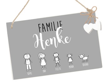 Türschild mit Figuren aus Holz für den Eingangsbereich zum Aufhängen, personalisiert mit Familienname und Vornamen