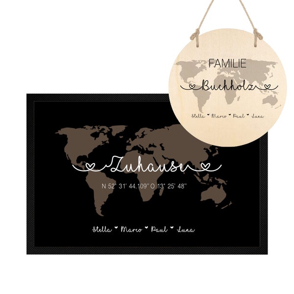 Fußmatte Weltkarte Personalisiert Koordinaten Namen Geschenk Zuhause Familie Einzug Haus Wunschtext | Optional mit Namensschild