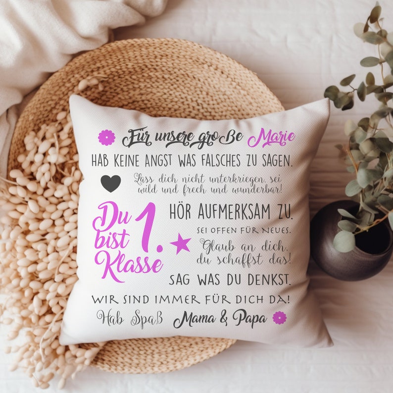 Einschulung Geschenk Kissen Personalisiert Einschulung Mädchen Junge Schulanfang Schulkind Schulstart Rosa und Blau Manufaktur Liebevoll Bild 5