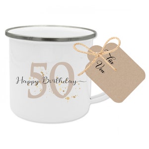 “Happy Birthday” mug with gift tag, gift idea for a 50th birthday