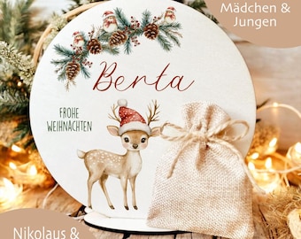 Personalisiertes Weihnachtsgeschenk mit Namen Holzaufsteller mit Jutesäckchen Geschenk für Mädchen & Jungen, Kinder Nikolaus Geldgeschenk
