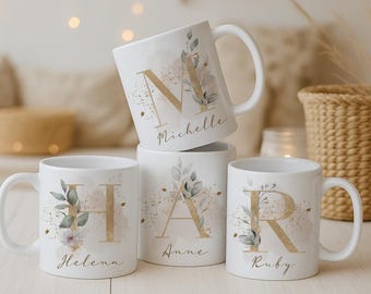 Tazza con lettera e nome – Iniziale in oro con motivo floreale – Regalo personalizzato – Elegante tazza da caffè – Regalo per fidanzata o famiglia