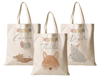 Personalized fabric bag for children, fox and dog design, sports bag, gym bag, jute bag, jute tote, name bag for spare clothes, lovingly handcrafted