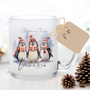Taza de cristal navideña, taza de vino caliente, taza con nombre de pingüino, taza navideña personalizada, regalo de Navidad, vino caliente para mujeres y hombres