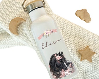 Personalisierte Trinkflasche Pony Name Mädchen Kind Kita Schule Flasche Pferd Einschulung Geburtstag Sport Edelstahl Bambus Geschenk 500ml