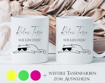 Taza Relax Just no stress, taza antiestrés gato, taza con dicho, tazas de neón, taza de oficina, taza de café divertida, regalos para hombres y mujeres