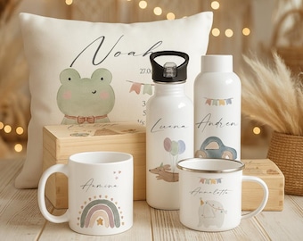 Personalized Kids Gift Set – Name & Birth Details | Nursery Keepsake Box, Kids Mug, Baby Pillow, Water Bottle, Money Bank