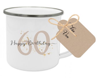 "Happy Birthday" mug with gift tag, gift idea for 60th birthday