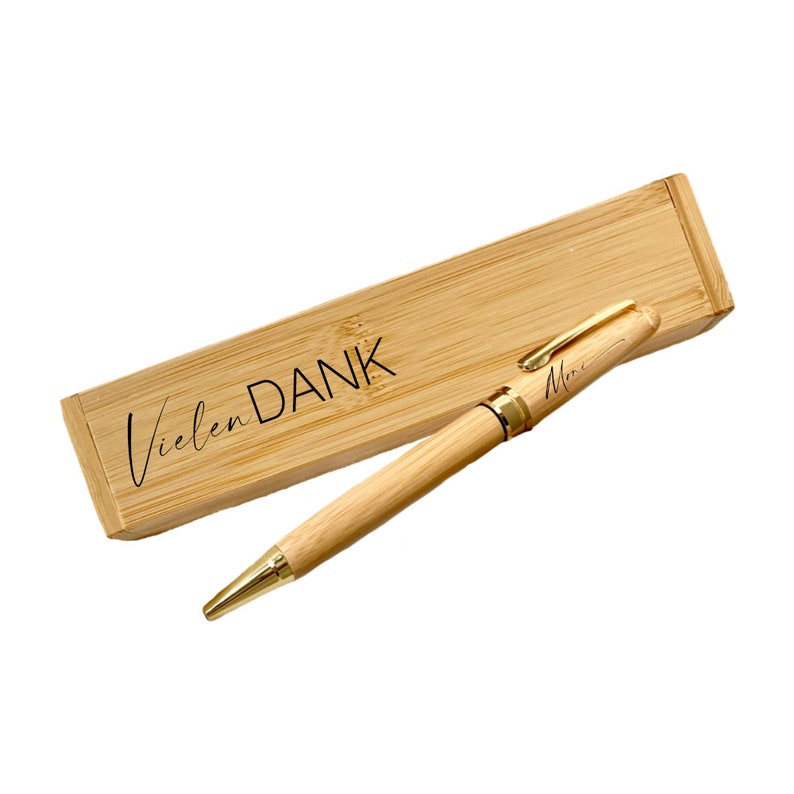 Cadeau de remerciement stylo à bille personnalisé avec étui bois nom bambou merci du coeur femme cadeau employé 7 motifs au choix Vielen Dank