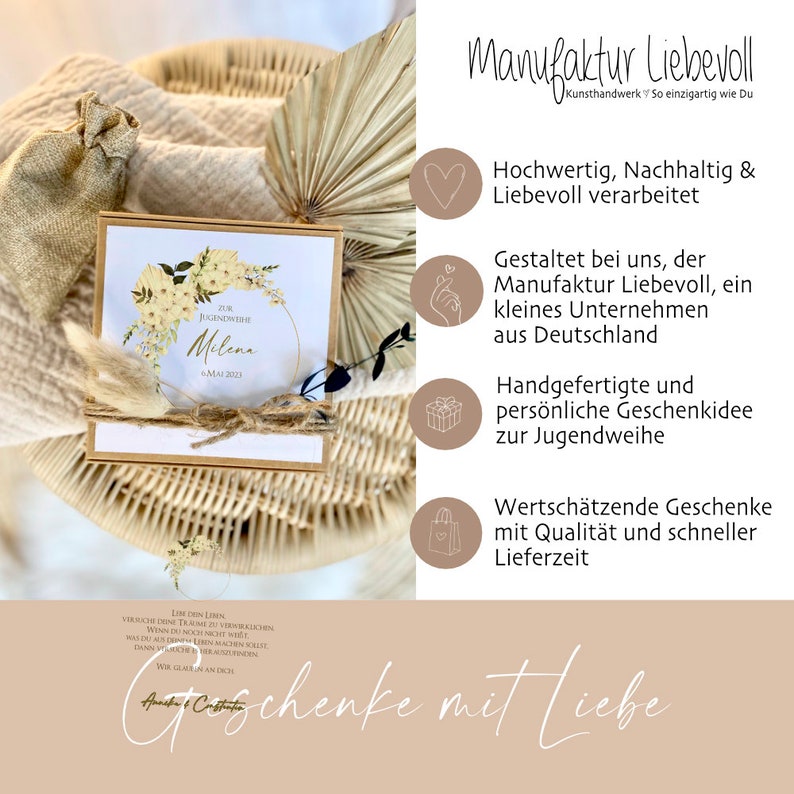 May include: A kraft paper gift box with a white lid featuring a floral design and the text "Zur Jugendweihe Milena 6. Mai 2023". The box is sitting on a woven wicker surface. The text "Geschenke mit Liebe" is written in cursive on the bottom of the image.