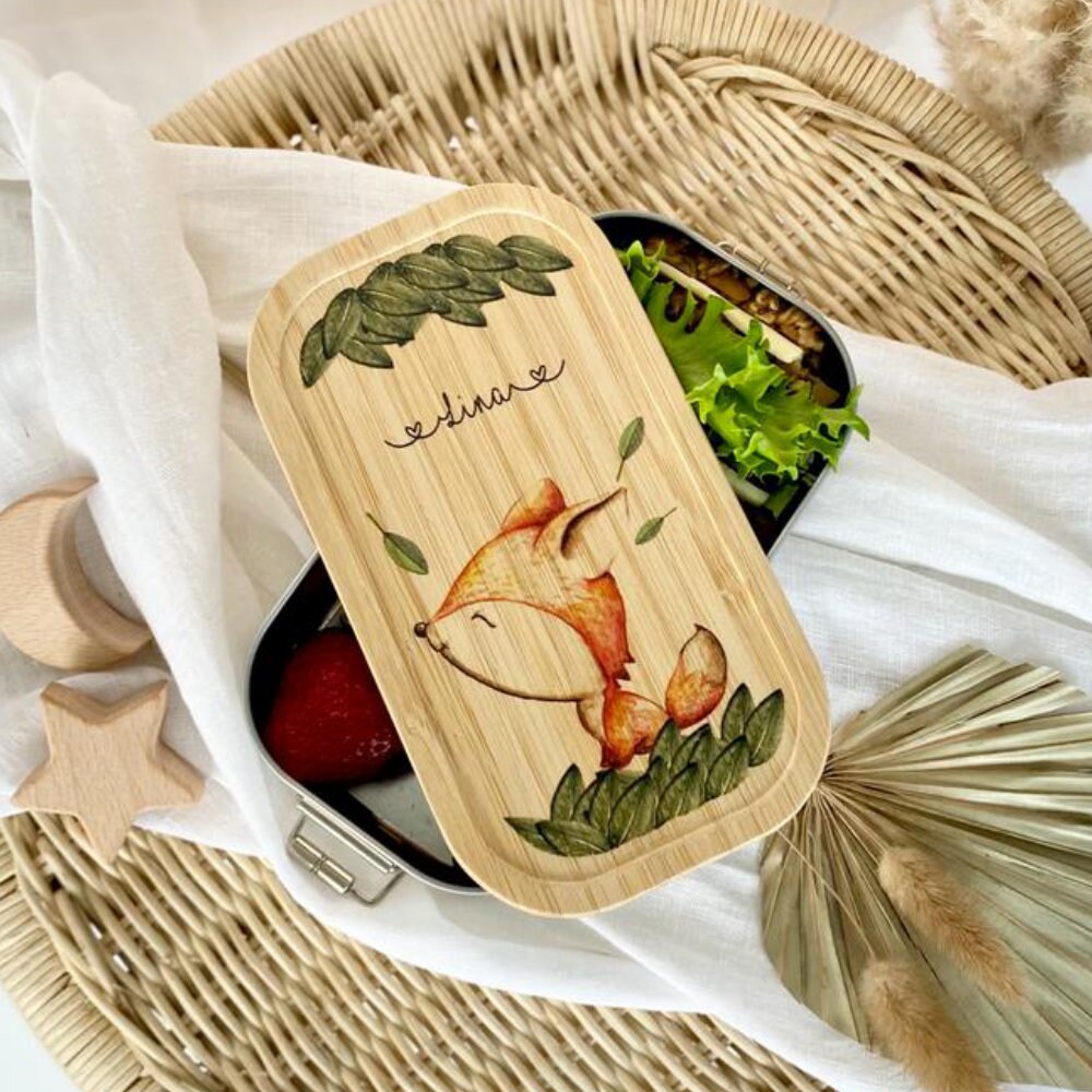 Personalisierte Brotdose Aus Edelstahl Mit Namen & Fuchs – Nachhaltige Lunchbox Für Kinder – Kindergarten, Kita & Schule