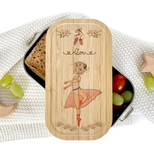 Manufactory Loving | Lunch box ballerina for girls | Personalized with child's name | Stainless steel lunch box with bamboo lid for children