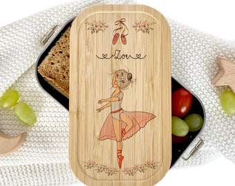 Manufaktur Liebevoll | Brotdose Ballerina für Mädchen | Personalisiert mit Namen des Kindes | Edelstahl Lunchbox mit Bambusdeckel für Kinder