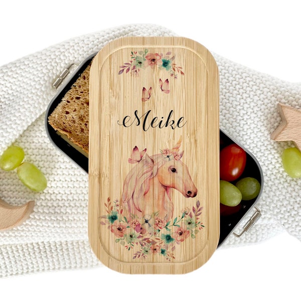 Manufaktur Liebevoll | Brotdose "Einhorn" für Mädchen | Personalisiert mit Namen des Kindes | Edelstahl Lunchbox mit Bambusdeckel für Kinder