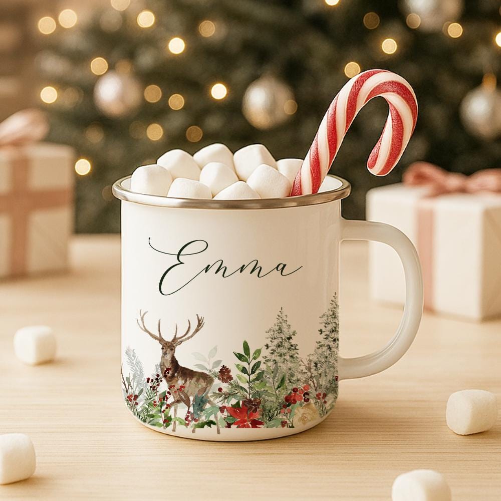 Personalized Enamel Mug Christmas With Name – Winter Mug Deer