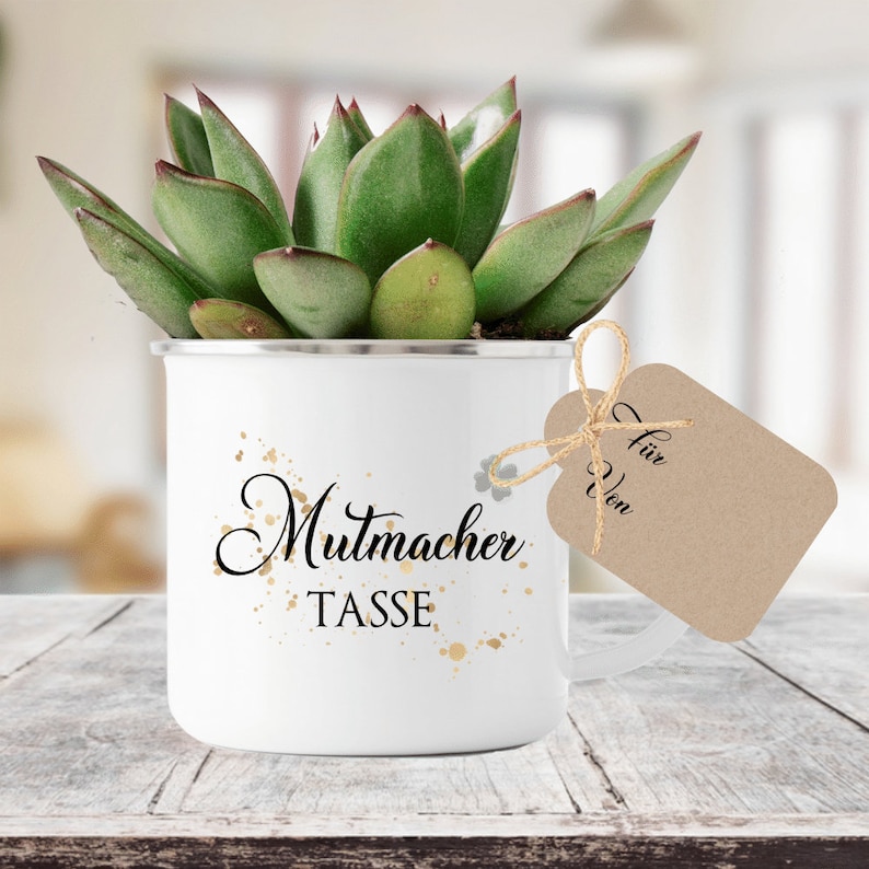 Mutmacher Tasse Geschenk zur Motivation, Emailletasse mit Geschenkanhänger Bild 1