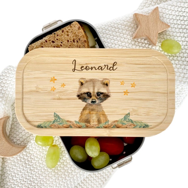 Personalisierte Kinder Brotdose Mädchen Jungen | Lunchbox mit Namen Edelstahl Waschbär Waldtiermotiv | Geschenk Kindergarten Schulanfang