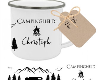 Personalisierte Emaille Tasse "Campingheld", Becher mit Namen u. Geschenkanhänger, beidseitig bedruckt, Camping, Travel, Reisen