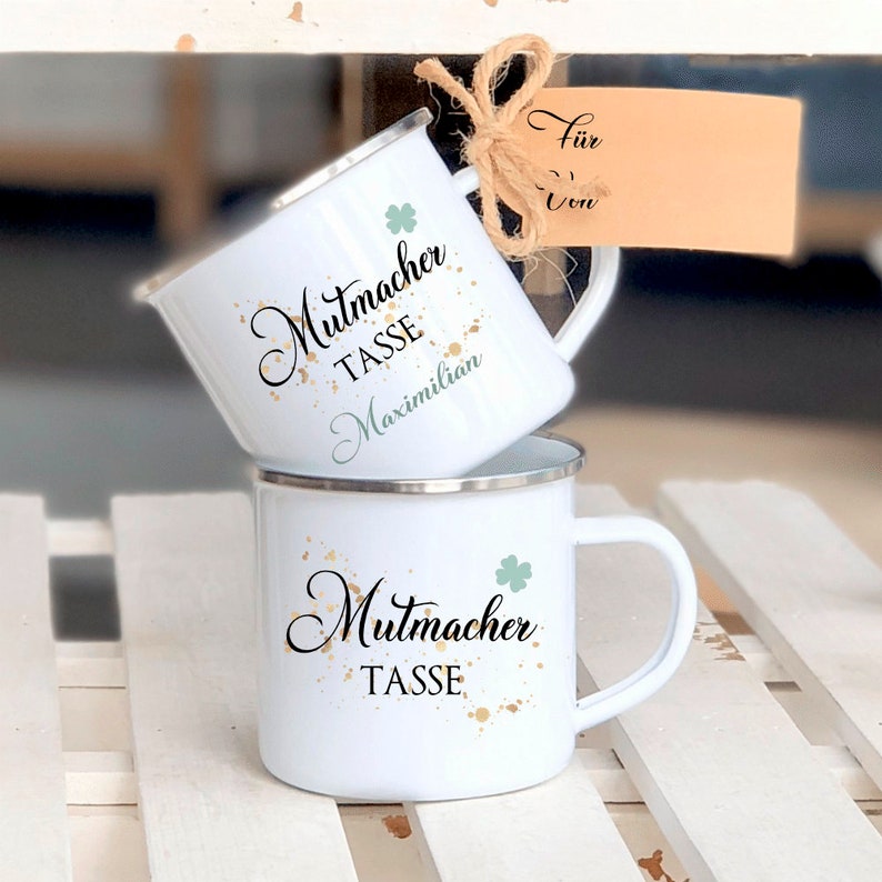 Mutmacher Tasse Geschenk zur Motivation, Emailletasse mit Geschenkanhänger Bild 7