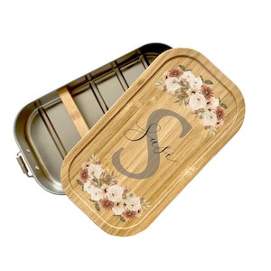 Manufactory Loving | Floral bread box with monogram and flowers | Personalized Name Stainless Steel | Lunch box for girls women I bamboo lid