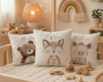 Almohada personalizada para bebé con datos de nacimiento, 40x40 cm con relleno incluido, regalo para nacimiento y bautizo, almohada mullida con nombre y animales del bosque.