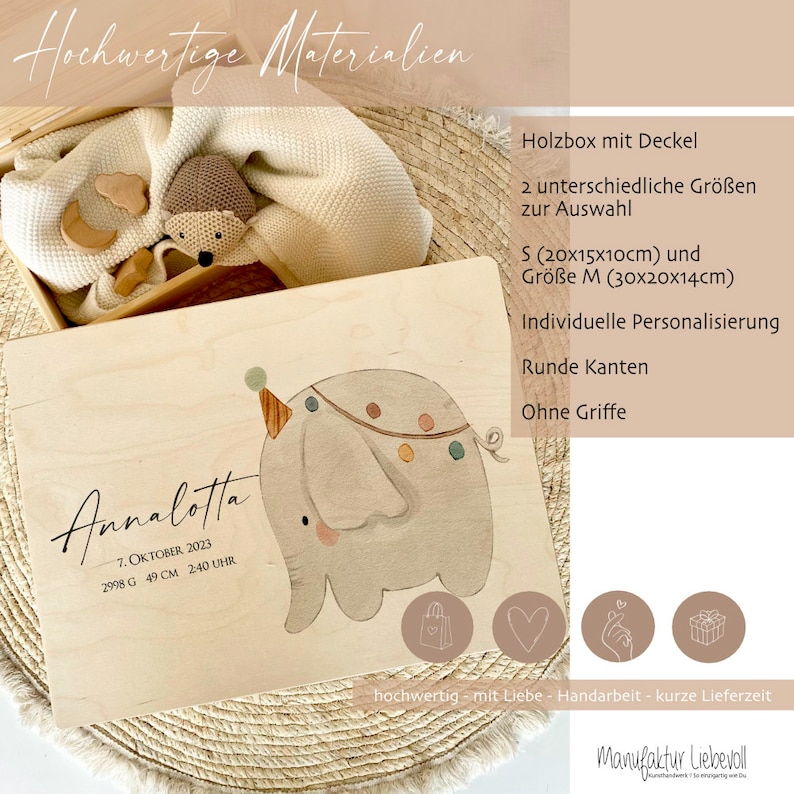 May include: A wooden box with a lid, featuring a cute elephant illustration and the text "Annalotta 7. OKTOBER 2023 2998 G 49 CM 2:40 UHR". The box is available in two sizes: S (20 x 15 x 10 cm) and M (30 x 20 x 14 cm). It has rounded edges and no handles. The box is personalised with the name "Annalotta" and the date and time of birth.