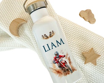 Kinder Trinkflasche "Motorrad" für Kinder Namen Thermosflasche Jungen Motorradfahrer Kita Schule Edelstahl Geschenk I Manufaktur Liebevoll