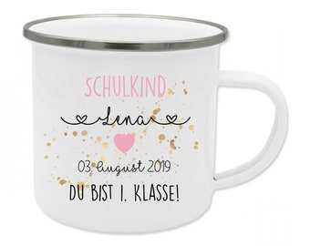 Einschulungsgeschenk Emaille Tasse personalisiert mit Namen und Datum des 1. Klässlers  für Mädchen und Jungen, in Rosa und Blau