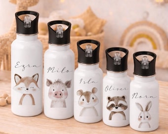 Personalisierte Kinder Trinkflasche mit Namen & Tiermotiv – Edelstahl Trinkflasche mit Strohhalm 400ml 500ml 600ml – Geschenk Kita Schule