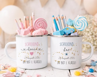 Einschulung Geschenk Tasse personalisiert Einschulungsgeschenk Name Schulanfang Geschenk Mädchen Junge Schulkind 2026 Emaille Tasse